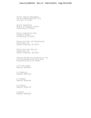 Case 13-13086-KG

Doc 1-4

Filed 11/22/13

Futrex Capital Management
141 W Jackson Blvd Ste 1475
Chicago, IL 60604

Futura Industries
Bldg H 11 Freeport Center
Clearfield, UT 84016

Futura Industries Corp
Freeport Center
Clearfield, UT 84016

Future Die Cast and Engineering
14100 Rocco Ct
Shelby Township, MI 48315

Future Die Cast Eng Inc
14100 Rocco Ct
Shelby Township, MI 48315

Futuris Automotive Interiors Us Inc
4190 Telegraph Road Suite 2400
Bloomfield Hills, MI 48302

G C F den Ouden
Address Redacted

G D Rakhorst
Address Redacted

G J Bakker
Address Redacted

G J Hubers
Address Redacted

G Jansen
Address Redacted

Page 224 of 669

 