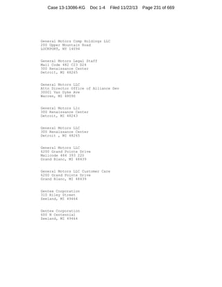 Case 13-13086-KG

Doc 1-4

Filed 11/22/13

General Motors Comp Holdings LLC
200 Upper Mountain Road
LOCKPORT, NY 14094

General Motors Legal Staff
Mail Code 482 C23 D24
300 Renaissance Center
Detroit, MI 48265

General Motors LLC
Attn Director Office of Alliance Dev
30001 Van Dyke Ave
Warren, MI 48090

General Motors Llc
300 Renaissance Center
Detroit, MI 48243

General Motors LLC
300 Renaissance Center
Detroit , MI 48265

General Motors LLC
6200 Grand Pointe Drive
Mailcode 484 393 220
Grand Blanc, MI 48439

General Motors LLC Customer Care
6200 Grand Pointe Drive
Grand Blanc, MI 48439

Gentex Corporation
310 Riley Street
Zeeland, MI 49464

Gentex Corporation
600 N Centennial
Zeeland, MI 49464

Page 231 of 669

 