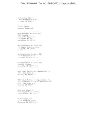 Case 13-13086-KG

Doc 1-4

Filed 11/22/13

Globalview Advisors
19800 Macarthur Blvd
Irvine, CA 92612

Gloria Smith
Address Redacted

GM Component Holdings LLC
HVAC Module
Attn John Pyanowski
200 Upper Mt Rd
Lockport, NY 14094

GM Components Holdings LLC
200 Upper Mountain Road
Lockport, NY 14094

Gm Components Holdings Llc
24998 Network Place
Chicago, IL 60673-1249

Gm Components Holdings Llc
Lockbox 771398
Detroit, MI 48277-1398

GM Global Technology Operations Inc
30001 Van Dyke Blvd
Warren, MI 48090

GM Global Technology Operations Inc
Attn Director Office of Alliance Dev
30001 Van Dyke Blvd
Warren, MI 48090

GM Grand Blanc MI
6200 Grand Pointe Drive
Grand Blanc, MI 48439

Gm Holdings Llc
24998 Network Place
Chicago, IL 60673-1249

Page 241 of 669

 