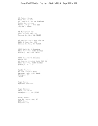 Case 13-13086-KG

Doc 1-4

HP Pelzer Group
Attn Paul Garner
Hp Chemie Pelzer UK Limited
Speke Hall Avenue
Speke Liverpool L21 1UU
United Kingdom

HS Management LP
2101 E Coast Hwy 300
Corona del Mar, CA 92625

HS Partners Holdings III LP
2101 E Coast Hwy 300
Corona del Mar, CA 92625

HSBC Bank North America
26th Floor One HSBC Center
Buffalo, New York 14203

HSBC Bank North America
Bruce Dent
VP Special Credits Unit OFC IV
26th Floor One HSBC Center
Buffalo, NY 14203

Huade Plastics
No 269 Zhenyuan Road
Baoshan Industrial Park
Shanghai 200444
China

Hugh Cassar
Address Redacted

Hugh Njemanze
3815 Chatham Ct
Redwood City, CA 94061

Hulki Boyner
Rte de Fontanivent 47
1817 Brent
Switzerland

Filed 11/22/13

Page 269 of 669

 