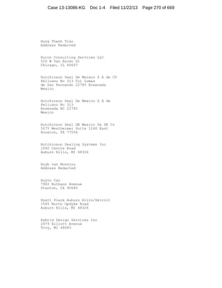 Case 13-13086-KG

Doc 1-4

Filed 11/22/13

Hung Thanh Tran
Address Redacted

Huron Consulting Services LLC
550 W Van Buren St
Chicago, IL 60607

Hutchinson Seal De Meixco S A de CV
Pelicano No 313 Col Lomas
de San Fernando 22785 Ensenada
Mexico

Hutchinson Seal De Mexico S A de
Pelicano No 313
Ensenada BC 22785
Mexico

Hutchinson Seal DE Mexico Sa DE Cv
5075 Westheimer Suite 1260 East
Houston, TX 77056

Hutchinson Sealing Systems Inc
1060 Centre Road
Auburn Hills, MI 48326

Huyb van Monsjou
Address Redacted

Huyvu Cao
7902 Ruthann Avenue
Stanton, CA 90680

Hyatt Place Auburn Hills/Detroit
1545 North Opdyke Road
Auburn Hills, MI 48326

Hybrid Design Services Inc
2479 Elliott Avenue
Troy, MI 48083

Page 270 of 669

 