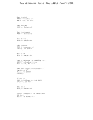 Case 13-13086-KG

Doc 1-4

Ian B Smith
4736 Sylvester Ave
Waterford, MI 48329

Ian Bentley
Address Redacted

Ian Ihnatowycz
Address Redacted

Ian Morell
Address Redacted

Ian Rapport
566 N Turnabout Rd
Orange, CA 92869

Ian Smith
Address Redacted

Iav Automotive Engineering Inc
15620 Technology Drive
Northville, MI 48168

IAV GmbH Ingenieurgesellschaft
Carnotstr 1
Berlin 11 10587
Germany

ICIDO Inc
980 N Michigan Ave Ste 1400
Chicago, IL 60611

Ida Cohen
Address Redacted

Idaho Transportation Department
PO Box 34
Boise, ID 83731-0034

Filed 11/22/13

Page 272 of 669

 