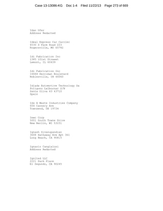 Case 13-13086-KG

Doc 1-4

Idan Ofer
Address Redacted

Ideal Express Car Carrier
4530 S Farm Road 223
Rogersville, MO 65742

Idi Fabrication Inc
1385 101st Streeet
Lemont, IL 60439

Idi Fabrication Inc
14444 Herriman Boulevard
Noblesville, IN 46060

Idiada Automotive Technology Sa
Poligono Lalbornar S/N
Santa Oliva 43 43710
Spain

Ids A Waste Industries Company
604 Cannery Ave
Townsend, DE 19734

Iewc Corp
5001 South Towne Drive
New Berlin, WI 53151

Ignash Sivanupandian
3608 Hathaway Ave Apt 361
Long Beach, CA 90815

Ignazio Cangialosi
Address Redacted

Ignited LLC
2221 Park Place
El Segundo, CA 90245

Filed 11/22/13

Page 273 of 669

 