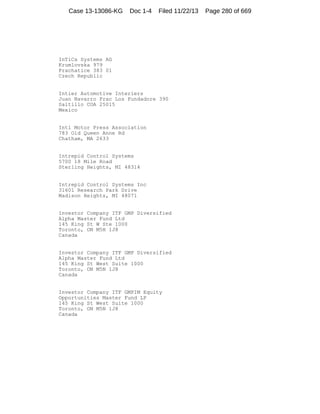 Case 13-13086-KG

Doc 1-4

Filed 11/22/13

InTiCa Systems AG
Krumlovska 979
Prachatice 383 01
Czech Republic

Intier Automotive Interiers
Juan Navarro Frac Los Fundadore 390
Saltillo COA 25015
Mexico

Intl Motor Press Association
783 Old Queen Anne Rd
Chatham, MA 2633

Intrepid Control Systems
5700 18 Mile Road
Sterling Heights, MI 48314

Intrepid Control Systems Inc
31601 Research Park Drive
Madison Heights, MI 48071

Investor Company ITF GMP Diversified
Alpha Master Fund Ltd
145 King St W Ste 1000
Toronto, ON M5H 1J8
Canada

Investor Company ITF GMP Diversified
Alpha Master Fund Ltd
145 King St West Suite 1000
Toronto, ON M5N 1J8
Canada

Investor Company ITF GMPIM Equity
Opportunities Master Fund LP
145 King St West Suite 1000
Toronto, ON M5N 1J8
Canada

Page 280 of 669

 