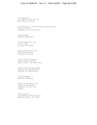Case 13-13086-KG

Doc 1-4

Filed 11/22/13

Iron Mountain
317 Madison Ave Rm 900
New York, NY 10017

Iron Mountain Intellectual Properity Man
PO Box 601002
Pasadena, CA 91189-1002

Irshad Naqi
Address Redacted

Irvine Eurocars Llc
Irvine Bmw
Irvine, CA 92618

Irvine Motorcars LLC
9881 Research Dr
Irvine, CA 92618

Irvine Photo Graphics
26845 Vista Terrace
Lake Forest, CA 92630-8117

Irvine Police Department
Regulatory Affairs Unit
Irvine, CA 92623-9575

Isa KUcUkkaya
Address Redacted

Isaac Instruments Inc
2054 Rue Bourgogne
Chambly, QC J3l 1z6
Canada

Island Hotel
550 Newport Center Drive
Newport Beach, CA 92660

Page 282 of 669

 