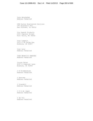 Case 13-13086-KG

Doc 1-4

Issa Abushahab
Address Redacted

ITW Fastex Engineered Services
195 Algonquin Ave
Des Plaines, IL 60016

Itw Superb Products
2101 Cypress Street
Port Huron, MI 48060

Ivan Lampkin
5515 E LA Palma Ave
Anaheim, CA 92807

Ivan Levy
Address Redacted

IVAN MAURICIO RAMIREZ
Address Redacted

Ivonne Bauer
8197 E Somerset Lane
Anaheim, CA 92808

J B Krommenhoek
Address Redacted

J Boersma
Address Redacted

J Crandall
Address Redacted

J D A de Jager
Address Redacted

J de Vos
Address Redacted

Filed 11/22/13

Page 283 of 669

 