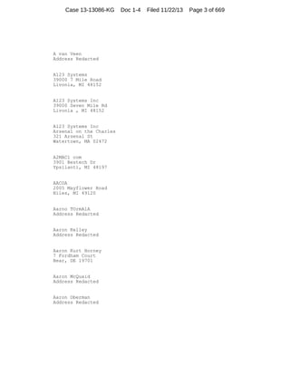 Case 13-13086-KG

A van Veen
Address Redacted

A123 Systems
39000 7 Mile Road
Livonia, MI 48152

A123 Systems Inc
39000 Seven Mile Rd
Livonia , MI 48152

A123 Systems Inc
Arsenal on the Charles
321 Arsenal St
Watertown, MA 02472

A2MAC1 com
3901 Bestech Dr
Ypsilanti, MI 48197

AACOA
2005 Mayflower Road
Niles, MI 49120

Aarno TOrmAlA
Address Redacted

Aaron Kelley
Address Redacted

Aaron Kurt Horney
7 Fordham Court
Bear, DE 19701

Aaron McQuaid
Address Redacted

Aaron Oberman
Address Redacted

Doc 1-4

Filed 11/22/13

Page 3 of 669

 