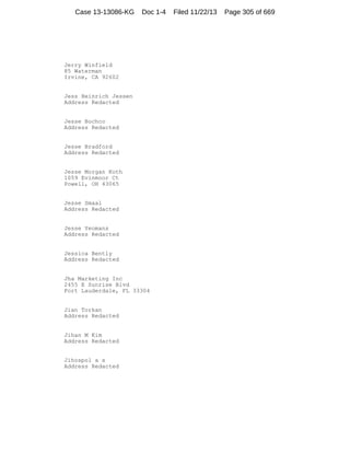 Case 13-13086-KG

Doc 1-4

Jerry Winfield
85 Waterman
Irvine, CA 92602

Jess Heinrich Jessen
Address Redacted

Jesse Bochco
Address Redacted

Jesse Bradford
Address Redacted

Jesse Morgan Koth
1059 Evinmoor Ct
Powell, OH 43065

Jesse Smaal
Address Redacted

Jesse Yeomans
Address Redacted

Jessica Bently
Address Redacted

Jha Marketing Inc
2455 E Sunrise Blvd
Fort Lauderdale, FL 33304

Jian Torkan
Address Redacted

Jihan M Kim
Address Redacted

Jihospol a s
Address Redacted

Filed 11/22/13

Page 305 of 669

 