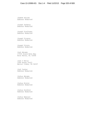 Case 13-13086-KG

JOSEPH POLISH
Address Redacted

Joseph Sanberg
Address Redacted

Joseph Trachtman
Address Redacted

Joseph Virgona
Address Redacted

Joseph Vitale
Address Redacted

Josh Abrams
17550 Grand Este Way
Boca Raton, FL 33496

Josh C Batie
1284 Honey Trail
Walnut Creek, CA 94597

Josh Yashar
Address Redacted

Joshua Abrams
Address Redacted

Joshua Bixler
Address Redacted

Joshua Donfeld
Address Redacted

Joshua Emanuel
Address Redacted

Doc 1-4

Filed 11/22/13

Page 326 of 669

 