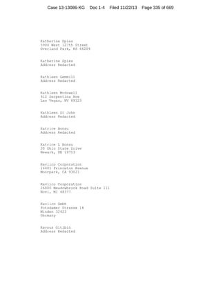 Case 13-13086-KG

Doc 1-4

Filed 11/22/13

Katherine Spies
5900 West 127th Street
Overland Park, KS 66209

Katherine Spies
Address Redacted

Kathleen Gemmill
Address Redacted

Kathleen Mcdowell
912 Serpentina Ave
Las Vegas, NV 89123

Kathleen St John
Address Redacted

Katrice Bonsu
Address Redacted

Katrice L Bonsu
30 Ohio State Drive
Newark, DE 19713

Kavlico Corporation
14401 Princeton Avenue
Moorpark, CA 93021

Kavlico Corporation
26800 Meadowbrook Road Suite 111
Novi, MI 48377

Kavlico Gmbh
Potsdamer Strasse 14
Minden 32423
Germany

Kavous Gitibin
Address Redacted

Page 335 of 669

 