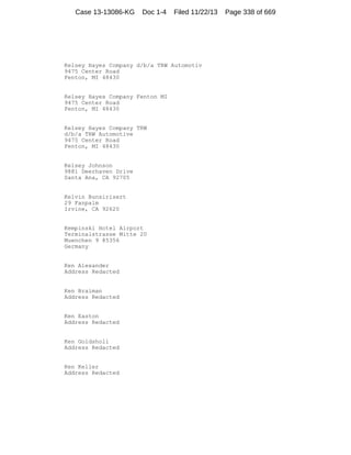 Case 13-13086-KG

Doc 1-4

Filed 11/22/13

Kelsey Hayes Company d/b/a TRW Automotiv
9475 Center Road
Fenton, MI 48430

Kelsey Hayes Company Fenton MI
9475 Center Road
Fenton, MI 48430

Kelsey Hayes Company TRW
d/b/a TRW Automotive
9475 Center Road
Fenton, MI 48430

Kelsey Johnson
9881 Deerhaven Drive
Santa Ana, CA 92705

Kelvin Bunsirisert
29 Fanpalm
Irvine, CA 92620

Kempinski Hotel Airport
Terminalstrasse Mitte 20
Muenchen 9 85356
Germany

Ken Alexander
Address Redacted

Ken Braiman
Address Redacted

Ken Easton
Address Redacted

Ken Goldsholl
Address Redacted

Ken Keller
Address Redacted

Page 338 of 669

 
