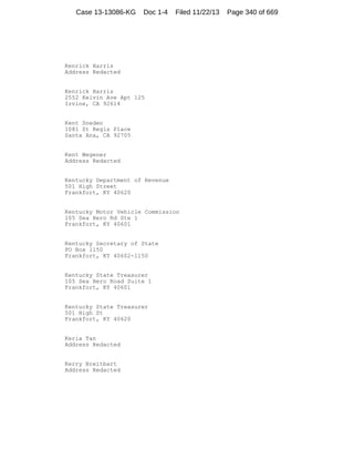 Case 13-13086-KG

Doc 1-4

Filed 11/22/13

Kenrick Harris
Address Redacted

Kenrick Harris
2552 Kelvin Ave Apt 125
Irvine, CA 92614

Kent Sneden
1081 St Regis Place
Santa Ana, CA 92705

Kent Wegener
Address Redacted

Kentucky Department of Revenue
501 High Street
Frankfort, KY 40620

Kentucky Motor Vehicle Commission
105 Sea Hero Rd Ste 1
Frankfort, KY 40601

Kentucky Secretary of State
PO Box 1150
Frankfort, KY 40602-1150

Kentucky State Treasurer
105 Sea Hero Road Suite 1
Frankfort, KY 40601

Kentucky State Treasurer
501 High St
Frankfort, KY 40620

Keria Tan
Address Redacted

Kerry Breitbart
Address Redacted

Page 340 of 669

 