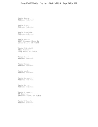 Case 13-13086-KG

Doc 1-4

Kevin George
Address Redacted

Kevin Graetz
Address Redacted

Kevin Greenidge
Address Redacted

Kevin Hawkins
2987 Mccammon Chase Dr
Lewis Center, OH 43035

Kevin J Mitchell
5811 Oakbrook
Long Beach, CA 90815

Kevin Kelly
Address Redacted

Kevin Kosman
Address Redacted

Kevin Landis
Address Redacted

Kevin Malakouti
Address Redacted

Kevin Martin
Address Redacted

Kevin R Konecky
47 Hillrise
Trabuco Canyon, CA 92679

Kevin R Konecky
Address Redacted

Filed 11/22/13

Page 342 of 669

 