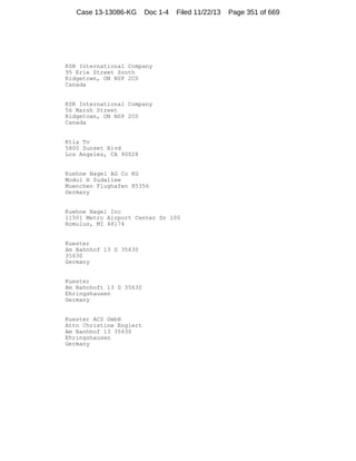 Case 13-13086-KG

Doc 1-4

Filed 11/22/13

KSR International Company
95 Erie Street South
Ridgetown, ON N0P 2C0
Canada

KSR International Company
56 Marsh Street
Ridgetown, ON N0P 2C0
Canada

Ktla Tv
5800 Sunset Blvd
Los Angeles, CA 90028

Kuehne Nagel AG Co KG
Modul H Sudallee
Muenchen Flughafen 85356
Germany

Kuehne Nagel Inc
11501 Metro Airport Center Dr 100
Romulus, MI 48174

Kuester
Am Bahnhof 13 D 35630
35630
Germany

Kuester
Am Bahnhoft 13 D 35630
Ehringshausen
Germany

Kuester ACS GmbH
Attn Christine Englert
Am Banhhof 13 35630
Ehringshausen
Germany

Page 351 of 669

 