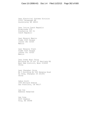 Case 13-13086-KG

Doc 1-4

Filed 11/22/13

Lear Electrical Systems Division
21557 Telegraph Rd
Southfield, MI 48033

Lear Intica Czech Republic
Krumlovska 979
Prachatice 383 01
Czech Republic

Lear Monarco Mexico
Sigma 6325 Parque
Juarez CHI 32320
Mexico

Lear Monarco Plant
Sigma 6325 Parque
Juarez Chi 32320
Mexico

Lear Premo Wuxi China
Building No 18 Lot 52 Hanjiang Rd
Wuxi New District, Wuxi 214028
China

Lear Shanghai China
No 5 Building No 509 Renqing Road
Pu Dong, Shanghai 20 201201
China

Lebus Scott
1543 Willard Avenue
San Francisco, CA 94117

Lee Cox
Address Redacted

Lee Yong
4220 Seymour
Troy, MI 48098

Page 362 of 669

 