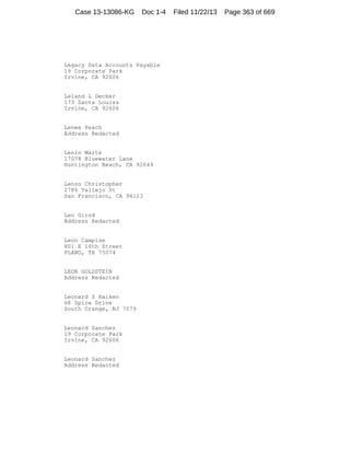 Case 13-13086-KG

Doc 1-4

Legacy Data Accounts Payable
19 Corporate Park
Irvine, CA 92606

Leland L Decker
173 Santa Louisa
Irvine, CA 92606

Lenee Peach
Address Redacted

Lenin Marte
17078 Bluewater Lane
Huntington Beach, CA 92649

Lenzo Christopher
2786 Vallejo St
San Francisco, CA 94123

Leo Girod
Address Redacted

Leon Campise
801 E 16th Street
PLANO, TX 75074

LEON GOLDSTEIN
Address Redacted

Leonard S Haiken
68 Spice Drive
South Orange, NJ 7079

Leonard Sanchez
19 Corporate Park
Irvine, CA 92606

Leonard Sanchez
Address Redacted

Filed 11/22/13

Page 363 of 669

 