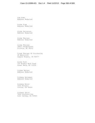 Case 13-13086-KG

Doc 1-4

LIN DING
Address Redacted

Linda Figg
Address Redacted

Linda Patterson
Address Redacted

Linda Theisen
Address Redacted

Linda Theisen
18827 Vanderhaven
Livonia, MI 48152

Linda Theisen VP Purchasing
20 Westcliff
Laguna Niguel, CA 92677

Linda Toch
720 Middle Neck Road
Great Neck, NY 11024

Linden Nelson
Address Redacted

Lindsey Heineman
Address Redacted

Lindsey Minor
3202 Mirasol
Irvine, CA 92620

Lindsey Smith
3404 Scofield Ave
Simi Valley, CA 93063

Filed 11/22/13

Page 366 of 669

 