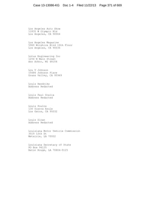 Case 13-13086-KG

Doc 1-4

Filed 11/22/13

Los Angeles Auto Show
11835 W Olympic Bld
Los Angeles, CA 90064

Los Angeles Magazine
5900 Wilshire Blvd 10th Floor
Los Angeles, CA 90036

Lotus Engineering Inc
1254 N Main Street
Ann Arbor, MI 48104

Lou V Johnson
15686 Johnson Place
Grass Valley, CA 95949

Louis Hendriks
Address Redacted

Louis Paul Scalia
Address Redacted

Louis Poulos
130 Sierra Azule
Los Gatos, CA 95032

Louis Sloan
Address Redacted

Louisiana Motor Vehicle Commission
3519 12th St
Metairie, LA 70002

Louisiana Secretary of State
PO Box 94125
Baton Rouge, LA 70804-9125

Page 371 of 669

 