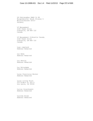 Case 13-13086-KG

Doc 1-4

LR Fahrzeugbau GmbH Co KG
Burgermeister Seidl Strasse 6
Wolfratshausen 82515
Germany

LT Management
2160 Fasan Drive
Oldcastle, ON N0R 1L0
Canada

LT Management Oldcastle Canada
2160 Fasan Drive
Oldcastle, ON N0R 1L0
Canada

Luan copeland
Address Redacted

Luc Beke
Address Redacted

Luc Henzig
Address Redacted

Luc Notredame
Address Redacted

Lucas Franciscus Wouter
Address Redacted

Lucas Living Trust
223 W Main St Ste D
Los Gatos, CA 95030

Lucian Orzechowski
Address Redacted

Lucinda Brown
Address Redacted

Filed 11/22/13

Page 372 of 669

 