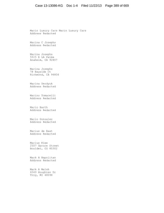 Case 13-13086-KG

Doc 1-4

Filed 11/22/13

Marin Luxury Cars Marin Luxury Cars
Address Redacted

Marina C Josephs
Address Redacted

Marina Josephs
5515 E LA Palma
Anaheim, CA 92807

Marina Josephs
78 Bayside Ct
Richmond, CA 94804

Marina Serdyuk
Address Redacted

Marino Tomacelli
Address Redacted

Mario Barth
Address Redacted

Mario Gonzalez
Address Redacted

Marius de Baat
Address Redacted

Marius Klee
2507 Spruce Street
Boulder, CO 80302

Mark A Napolitan
Address Redacted

Mark A Walsh
6549 Houghten Dr
Troy, MI 48098

Page 389 of 669

 