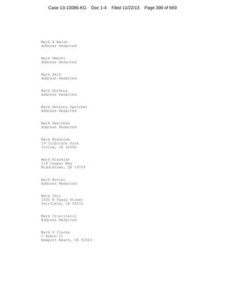 Case 13-13086-KG

Doc 1-4

Mark A Walsh
Address Redacted

Mark Amechi
Address Redacted

Mark Amin
Address Redacted

Mark Anthony
Address Redacted

Mark Anthony Speicher
Address Redacted

Mark Basichas
Address Redacted

Mark Blazejak
19 Corporate Park
Irvine, CA 92606

Mark Blazejak
218 Casper Way
Middletown, DE 19709

Mark Butler
Address Redacted

Mark Choi
2500 N Texas Street
Fairfield, CA 94533

Mark Criscitello
Address Redacted

Mark D Clarke
5 Robon Ct
Newport Beach, CA 92663

Filed 11/22/13

Page 390 of 669

 