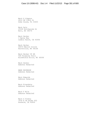 Case 13-13086-KG

Doc 1-4

Mark D Simpson
6010 SE 138th St
Hobe Sound, FL 33455

Mark Daly
25100 Birchwoods Dr
Novi, MI 48374

Mark Decker
3 Epona Way
Ladera Ranch, CA 92694

Mark Decker
46673 Merion Circle
Northville, MI 48168

Mark Decker VP HR
546 Kingsley Trail
Bloomfield Hills, MI 48304

Mark Denker
Address Redacted

MARK EAVENSON
Address Redacted

Mark Edwards
Address Redacted

Mark Eisenberg
Address Redacted

Mark F Wilk
Address Redacted

Mark G Piekny
3530 E LA Palma 632
Anaheim, CA 92806

Filed 11/22/13

Page 391 of 669

 