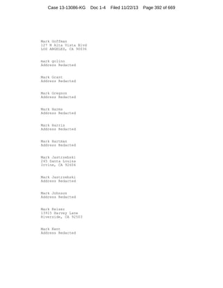 Case 13-13086-KG

Mark Goffman
127 N Alta Vista Blvd
LOS ANGELES, CA 90036

mark golino
Address Redacted

Mark Grant
Address Redacted

Mark Gregson
Address Redacted

Mark Harms
Address Redacted

Mark Harris
Address Redacted

Mark Hartman
Address Redacted

Mark Jastrzebski
245 Santa Louisa
Irvine, CA 92606

Mark Jastrzebski
Address Redacted

Mark Johnson
Address Redacted

Mark Keiser
13915 Harvey Lane
Riverside, CA 92503

Mark Kent
Address Redacted

Doc 1-4

Filed 11/22/13

Page 392 of 669

 