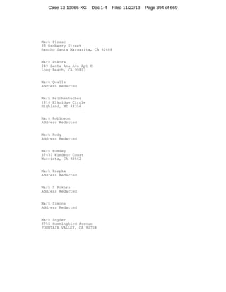 Case 13-13086-KG

Doc 1-4

Filed 11/22/13

Mark Plesac
33 Osoberry Street
Rancho Santa Margarita, CA 92688

Mark Pokora
249 Santa Ana Ave Apt C
Long Beach, CA 90803

Mark Qualls
Address Redacted

Mark Reichenbacher
1816 Elkridge Circle
Highland, MI 48356

Mark Robinson
Address Redacted

Mark Rudy
Address Redacted

Mark Rumsey
37493 Windsor Court
Murrieta, CA 92562

Mark Rzepka
Address Redacted

Mark S Pokora
Address Redacted

Mark Simons
Address Redacted

Mark Snyder
8750 Hummingbird Avenue
FOUNTAIN VALLEY, CA 92708

Page 394 of 669

 