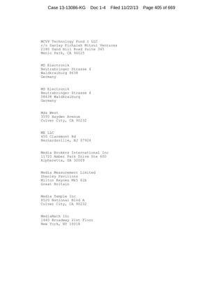 Case 13-13086-KG

Doc 1-4

Filed 11/22/13

MCVP Technology Fund I LLC
c/o Sanjay Pichaiah Mitsui Ventures
2180 Sand Hill Road Suite 345
Menlo Park, CA 94025

MD Electronik
Neutrabringer Strasse 4
Waldkraiburg 8638
Germany

MD Electronik
Neutrabringer Strasse 4
08638 Waldkraiburg
Germany

Mds West
3550 Hayden Avenue
Culver City, CA 90232

ME LLC
450 Claremont Rd
Bernardsville, NJ 07924

Media Brokers International Inc
11720 Amber Park Drive Ste 600
Alpharetta, GA 30009

Media Measurement Limited
Shenley Pavilions
Milton Keynes Mk5 6lb
Great Britain

Media Temple Inc
8520 National Blvd A
Culver City, CA 90232

MediaMath Inc
1440 Broadway 21st Floor
New York, NY 10018

Page 405 of 669

 