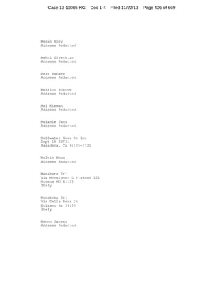 Case 13-13086-KG

Doc 1-4

Megan Novy
Address Redacted

Mehdi Givechian
Address Redacted

Meir Babaev
Address Redacted

Meirion Roscoe
Address Redacted

Mel Kimman
Address Redacted

Melanie Janu
Address Redacted

Meltwater News Us Inc
Dept LA 23721
Pasadena, CA 91185-3721

Melvin Webb
Address Redacted

Menabetz Srl
Via Monsignor G Pistoni 121
Modena MO 41123
Italy

Menabetz Srl
Via Della Rena 26
Bolzano Bz 39100
Italy

Menno Jansen
Address Redacted

Filed 11/22/13

Page 406 of 669

 