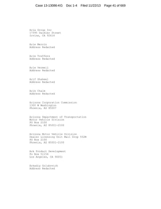 Case 13-13086-KG

Doc 1-4

Filed 11/22/13

Aria Group Inc
17395 Daimler Street
Irvine, CA 92614

Arie Merrin
Address Redacted

Arie Treffers
Address Redacted

Arie Vermeij
Address Redacted

Arif Shakeel
Address Redacted

Arik Chaim
Address Redacted

Arizona Corporation Commission
1300 W Washington
Phoenix, AZ 85007

Arizona Department of Transportation
Motor Vehicle Division
PO Box 2100
Phoenix, AZ 85001-2100

Arizona Motor Vehicle Division
Dealer Licensing Unit Mail Drop 552M
PO Box 2100
Phoenix, AZ 85001-2100

Ark Product Development
Po Box 51154
Los Angeles, CA 90051

Arkadiy Golubovich
Address Redacted

Page 41 of 669

 