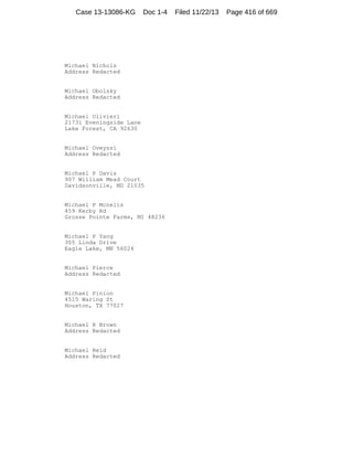 Case 13-13086-KG

Doc 1-4

Michael Nichols
Address Redacted

Michael Obolsky
Address Redacted

Michael Olivieri
21731 Eveningside Lane
Lake Forest, CA 92630

Michael Oveyssi
Address Redacted

Michael P Davis
907 William Mead Court
Davidsonville, MD 21035

Michael P Mcnelis
459 Kerby Rd
Grosse Pointe Farms, MI 48236

Michael P Yang
305 Linda Drive
Eagle Lake, MN 56024

Michael Pierce
Address Redacted

Michael Pinion
4515 Waring St
Houston, TX 77027

Michael R Brown
Address Redacted

Michael Reid
Address Redacted

Filed 11/22/13

Page 416 of 669

 