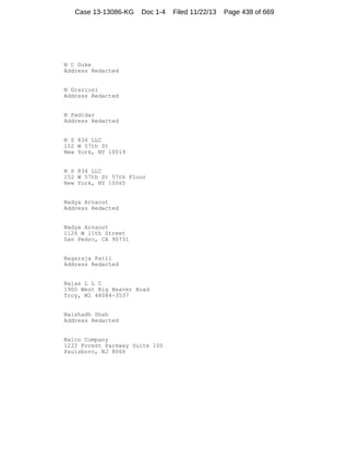 Case 13-13086-KG

Doc 1-4

N C Duke
Address Redacted

N Graziosi
Address Redacted

N Padidar
Address Redacted

N S 834 LLC
152 W 57th St
New York, NY 10019

N S 834 LLC
152 W 57th St 57th Floor
New York, NY 10065

Nadya Arnaout
Address Redacted

Nadya Arnaout
1126 W 11th Street
San Pedro, CA 90731

Nagaraja Patil
Address Redacted

Naias L L C
1900 West Big Beaver Road
Troy, MI 48084-3537

Naishadh Shah
Address Redacted

Nalco Company
1222 Forest Parkway Suite 100
Paulsboro, NJ 8066

Filed 11/22/13

Page 438 of 669

 