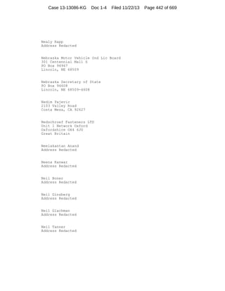 Case 13-13086-KG

Doc 1-4

Filed 11/22/13

Nealy Rapp
Address Redacted

Nebraska Motor Vehicle Ind Lic Board
301 Centennial Mall S
PO Box 94967
Lincoln, NE 68509

Nebraska Secretary of State
PO Box 94608
Lincoln, NE 68509-4608

Nedim Pajevic
2103 Valley Road
Costa Mesa, CA 92627

Nedschroef Fasteners LTD
Unit 1 Network Oxford
Oxfordshire OX4 6JU
Great Britain

Neelakantan Anand
Address Redacted

Neena Kanwar
Address Redacted

Neil Boner
Address Redacted

Neil Ginsberg
Address Redacted

Neil Glachman
Address Redacted

Neil Tanner
Address Redacted

Page 442 of 669

 