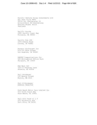 Case 13-13086-KG

Doc 1-4

Filed 11/22/13

Pacific Century Group Investments Ltd
Sai Taan Villa 88P3
99/24 Soi Cherngtalay 16
Srisoonthorn Rd Cherngtalay
Thalang Phuket 83110
Thailand

Pacific Porche
2900 Pacific Coast Hwy
Torrance, CA 90505

Pacific Rim ISG
1470 Pomona Road
Corona, CA 92882

Packair Airfreight Inc
5510 W 104th Street
Los Angeles, CA 90045

PAETEC Communications Inc
600 WillowBrook Office Park
Fairport, NY 14450

PAG West LLC
7015 E Chauncey Lane
Phoenix, AZ 85054

Pall Kornmayer
532 Beacon Street
Boston, MA 2215

Pall M Kornmayer
Address Redacted

Palm Beach Motor Cars Limited Inc
915 South Dixie Hwy
Palm Beach, FL 33401

Palo Alto Fund II L P
470 University Ave
Palo Alto, CA 94301

Page 464 of 669

 