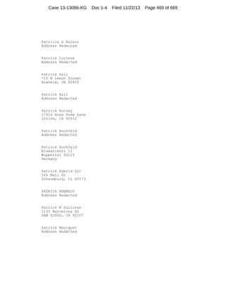 Case 13-13086-KG

Patricia G Raisor
Address Redacted

Patrick Cortese
Address Redacted

Patrick Hall
710 N Lemon Street
Anaheim, CA 92805

Patrick Hall
Address Redacted

Patrick Harney
17616 Rosa Drew Lane
Irvine, CA 92612

Patrick Hochfeld
Address Redacted

Patrick Hochfeld
Bismarckstr 11
Wuppertal 42115
Germany

Patrick Hybrid LLC
526 Mall Dr
Schaumburg, IL 60173

PATRICK KENNEDY
Address Redacted

Patrick M Sullivan
1135 Barcelona Dr
SAN DIEGO, CA 92107

Patrick Maniquet
Address Redacted

Doc 1-4

Filed 11/22/13

Page 469 of 669

 