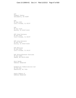 Case 13-13086-KG

Doc 1-4

ATT
Payment Center
Sacramento, CA 95887

ATT
PO Box 5001
Carol Stream, IL 60197

ATT
PO Box 8100
Aurora, IL 60507-8100

ATT Long Distance
PO Box 5001
Carol Stream, IL 60197

ATT Long Distance
PO Box 8100
Aurora, IL 60507-8100

ATT Mobility
PO Box 6463
Carol Stream, IL 60197

ATT Teleconference Services
PO Box 2840
Omaha, NE 68103-2840

Atul Nanda
Address Redacted

Audamotive Communications LLC
60 9th Ave
Hawthorne, NJ 7506

Augie Fabeza II
Address Redacted

Filed 11/22/13

Page 47 of 669

 