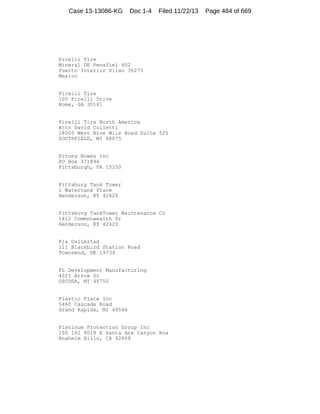 Case 13-13086-KG

Doc 1-4

Filed 11/22/13

Pirelli Tire
Mineral DE Penafiel 402
Puerto Interior Silao 36275
Mexico

Pirelli Tire
100 Pirelli Drive
Rome, GA 30161

Pirelli Tire North America
Attn David Colletti
18000 West Nine Mile Road Suite 525
SOUTHFIELD, MI 48075

Pitney Bowes Inc
PO Box 371896
Pittsburgh, PA 15250

Pittsburg Tank Tower
1 Watertank Place
Henderson, KY 42420

Pittsburg TankTower Maintenance Co
1412 Commonwealth Dr
Henderson, KY 42420

Pjs Unlimited
111 Blackbird Station Road
Townsend, DE 19734

PL Development Manufacturing
4025 Arrow St
OSCODA, MI 48750

Plastic Plate Inc
5460 Cascade Road
Grand Rapids, MI 49546

Platinum Protection Group Inc
100 162 8018 E Santa Ana Canyon Roa
Anaheim Hills, CA 92808

Page 484 of 669

 