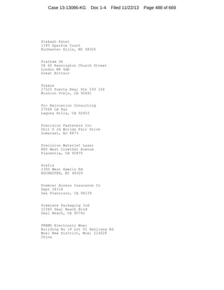 Case 13-13086-KG

Doc 1-4

Filed 11/22/13

Prakash Patel
1185 Sparkle Court
Rochester Hills, MI 48306

Pratham Uk
58 60 Kensington Church Street
London W8 4db
Great Britain

Praxus
27525 Puerta Real Ste 100 104
Mission Viejo, CA 92691

Prc Relocation Consulting
27068 LA Paz
Laguna Hills, CA 92653

Precision Fasteners Inc
Unit D 24 Worlds Fair Drive
Somerset, NJ 8873

Precision Waterjet Laser
880 West Crowther Avenue
Placentia, CA 92870

Prefix
1300 West Hamlin Rd
ROCHESTER, MI 48309

Premier Access Insurance Co
Dept 34114
San Francisco, CA 94139

Premiere Packaging Ind
12340 Seal Beach Blvd
Seal Beach, CA 90740

PREMO Electronic Wuxi
Building No 18 Lot 52 Hanjiang Rd
Wuxi New District, Wuxi 214028
China

Page 488 of 669

 