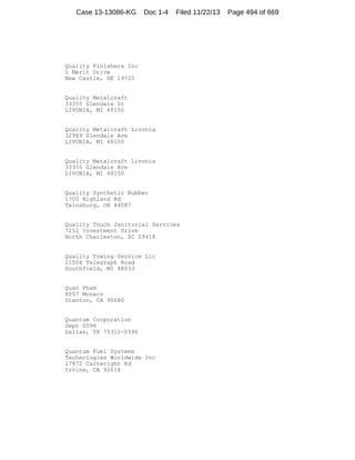 Case 13-13086-KG

Doc 1-4

Filed 11/22/13

Quality Finishers Inc
1 Merit Drive
New Castle, DE 19720

Quality Metalcraft
33355 Glendale St
LIVONIA, MI 48150

Quality Metalcraft Livonia
32969 Glendale Ave
LIVONIA, MI 48150

Quality Metalcraft Livonia
33355 Glendale Ave
LIVONIA, MI 48150

Quality Synthetic Rubber
1700 Highland Rd
Twinsburg, OH 44087

Quality Touch Janitorial Services
7252 Investment Drive
North Charleston, SC 29418

Quality Towing Service Llc
21504 Telegraph Road
Southfield, MI 48033

Quan Pham
8057 Monaco
Stanton, CA 90680

Quantum Corporation
Dept 0596
Dallas, TX 75312-0596

Quantum Fuel Systems
Technologies Worldwide Inc
17872 Cartwright Rd
Irvine, CA 92614

Page 494 of 669

 