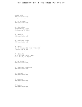 Case 13-13086-KG

Doc 1-4

Quyen Dang
Address Redacted

R H G Willems
Address Redacted

R J Dorschel
53 Woodbury Place
Rochester, NY 14618

R J Engels
Address Redacted

R J van den Enden
Address Redacted

R L Fire
154 A W Foothill Blvd Suite 234
Upland, CA 91786

R L Polk Co
3760 Kilroy Airport Way
Long Beach, CA 90806

R M F Bergers
Address Redacted

R R Van den Driessche
Address Redacted

R S Jordan
Address Redacted

R Tournier
Address Redacted

R Verboon
Address Redacted

Filed 11/22/13

Page 496 of 669

 