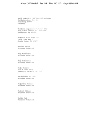 Case 13-13086-KG

Doc 1-4

Filed 11/22/13

Radi Ivanovic Fahrzeuglackierungen
Schleisheimer Str 95
Garching 85748
Germany

Radiant Logistics Partners Llc
405 114th Avenue Se 3rd Floor
Bellevue, WA 98004

Rafaels Auto Body Inc
1618 Ohms Way E
Costa Mesa, CA 92627

Rainer Bruns
Address Redacted

Raj Alexander
Address Redacted

Raj Sadasivan
Address Redacted

Raja Hazime
931 N John Daly
Dearborn Heights, MI 48127

RAJASEHKAR NALLURI
Address Redacted

Rajendra Bansal
Address Redacted

Rajesh Ailani
Address Redacted

Rajit Pal
Address Redacted

Page 498 of 669

 