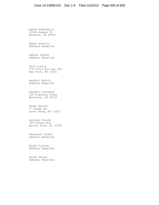 Case 13-13086-KG

Ramon Armendariz
12164 Aegean St
Norwalk, CA 90650

Ramon Session
Address Redacted

Ramona Snyder
Address Redacted

Rand Luxury
276 Fifth Ave Ste 906
New York, NY 10001

Randall Martin
Address Redacted

Randall Townsend
248 Highland Place
Monrovia, CA 91016

Randi Barron
17 Essex Rd
Great Neck, NY 11023

Randolp Fields
745 French Ave
Winter Park, FL 32789

Randolph Luskey
Address Redacted

Randy Collazo
Address Redacted

Randy Hansen
Address Redacted

Doc 1-4

Filed 11/22/13

Page 500 of 669

 