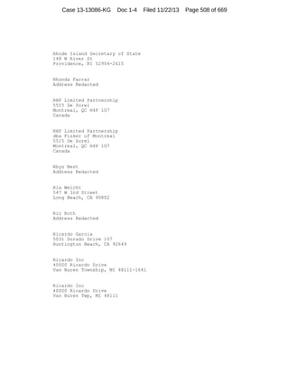 Case 13-13086-KG

Doc 1-4

Filed 11/22/13

Rhode Island Secretary of State
148 W River St
Providence, RI 02904-2615

Rhonda Farrar
Address Redacted

RHP Limited Partnership
5515 De Sorel
Montreal, QC H4P 1G7
Canada

RHP Limited Partnership
dba Fisker of Montreal
5515 De Sorel
Montreal, QC H4P 1G7
Canada

Rhys Best
Address Redacted

Ria Weicht
547 W 3rd Street
Long Beach, CA 90802

Ric Roth
Address Redacted

Ricardo Garcia
5031 Dorado Drive 107
Huntington Beach, CA 92649

Ricardo Inc
40000 Ricardo Drive
Van Buren Township, MI 48111-1641

Ricardo Inc
40000 Ricardo Drive
Van Buren Twp, MI 48111

Page 508 of 669

 