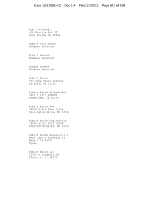 Case 13-13086-KG

Doc 1-4

Rob Idzikowski
430 Gaviota Apt 301
Long Beach, CA 90802

Robbie Thielemans
Address Redacted

Robert Bennett
Address Redacted

ROBERT BOBACK
Address Redacted

Robert Bosch
855 Camp Creek Parkway
Atlanta, GA 30336

Robert Bosch Aftermarket
2800 S 25th AVENUE
BROADVIEW, IL 60155

Robert Bosch Beg
38000 Hills Tech Drive
Farmington Hills, MI 48331

Robert Bosch Engineering
38000 HILLS TECH DRIVE
FARMINGTON HILLS, MI 48331

Robert Bosch Espana S L U
Hnos Garcia Noblejas 19
Madrid 28 28037
Spain

Robert Bosch Llc
15000 N Haggerty Rd
Plymouth, MI 48170

Filed 11/22/13

Page 518 of 669

 