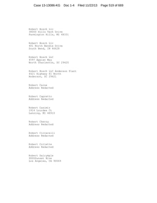 Case 13-13086-KG

Doc 1-4

Robert Bosch Llc
38000 Hills Tech Drive
Farmington Hills, MI 48331

Robert Bosch Llc
401 North Bendix Drive
South Bend, IN 46628

Robert Bosch LLC
4597 Appian Way
North Charleston, SC 29420

Robert Bosch LLC Anderson Plant
4421 Highway 81 North
Anderson, SC 29621

Robert Caine
Address Redacted

Robert Capretto
Address Redacted

Robert Casimir
1914 Lourdes Ct
Lansing, MI 48910

Robert Cherry
Address Redacted

Robert Ciccarelli
Address Redacted

Robert Collette
Address Redacted

Robert Dalrymple
9000Sunset Blve
Los Angeles, CA 90069

Filed 11/22/13

Page 519 of 669

 