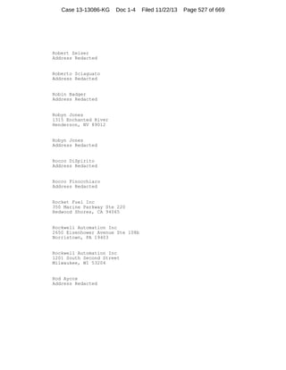 Case 13-13086-KG

Doc 1-4

Robert Zeiser
Address Redacted

Roberto Sciaguato
Address Redacted

Robin Badger
Address Redacted

Robyn Jones
1315 Enchanted River
Henderson, NV 89012

Robyn Jones
Address Redacted

Rocco DiSpirito
Address Redacted

Rocco Finocchiaro
Address Redacted

Rocket Fuel Inc
350 Marine Parkway Ste 220
Redwood Shores, CA 94065

Rockwell Automation Inc
2650 Eisenhower Avenue Ste 108b
Norristown, PA 19403

Rockwell Automation Inc
1201 South Second Street
Milwaukee, WI 53204

Rod Aycox
Address Redacted

Filed 11/22/13

Page 527 of 669

 