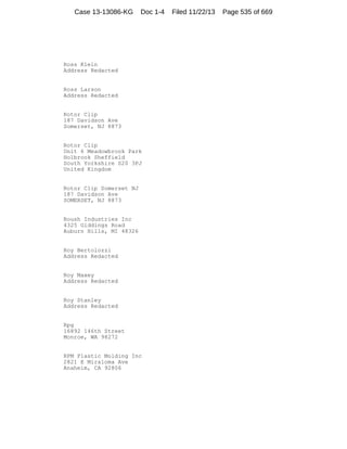 Case 13-13086-KG

Doc 1-4

Ross Klein
Address Redacted

Ross Larson
Address Redacted

Rotor Clip
187 Davidson Ave
Somerset, NJ 8873

Rotor Clip
Unit 6 Meadowbrook Park
Holbrook Sheffield
South Yorkshire S20 3PJ
United Kingdom

Rotor Clip Somerset NJ
187 Davidson Ave
SOMERSET, NJ 8873

Roush Industries Inc
4325 Giddings Road
Auburn Hills, MI 48326

Roy Bertolozzi
Address Redacted

Roy Maxey
Address Redacted

Roy Stanley
Address Redacted

Rpg
16892 146th Street
Monroe, WA 98272

RPM Plastic Molding Inc
2821 E Miraloma Ave
Anaheim, CA 92806

Filed 11/22/13

Page 535 of 669

 