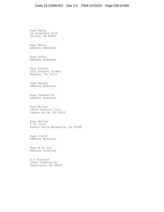 Case 13-13086-KG

Doc 1-4

Filed 11/22/13

Ryan Berry
19 Corporate Park
Irvine, CA 92606

Ryan Berry
Address Redacted

Ryan Evans
Address Redacted

Ryan Fields
3116 Gregory Street
Madison, WI 53711

Ryan Heaney
Address Redacted

Ryan Jumonwille
Address Redacted

Ryan Miller
22202 Caminito Vino
Laguna Hills, CA 92653

Ryan Morrow
8 El Potro
Rancho Santa Margarita, CA 92688

Ryan Scarff
Address Redacted

Ryan W La Com
Address Redacted

S A Comunale
23042 Commerce Dr
Farmington, MI 48335

Page 538 of 669

 