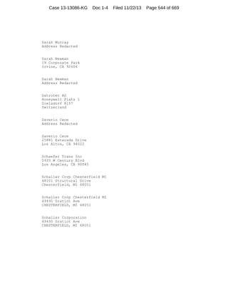 Case 13-13086-KG

Doc 1-4

Sarah Murray
Address Redacted

Sarah Newman
19 Corporate Park
Irvine, CA 92606

Sarah Newman
Address Redacted

Satrotec AG
Honeywell Platz 1
Dielsdorf 8157
Switzerland

Saverio Cece
Address Redacted

Saverio Cece
25881 Estacada Drive
Los Altos, CA 94022

Schaefer Trans Inc
5933 W Century Blvd
Los Angeles, CA 90045

Schaller Corp Chesterfield MI
48101 Structural Drive
Chesterfield, MI 48051

Schaller Corp Chesterfield MI
49495 Gratiot Ave
CHESTERFIELD, MI 48051

Schaller Corporation
49495 Gratiot Ave
CHESTERFIELD, MI 48051

Filed 11/22/13

Page 544 of 669

 